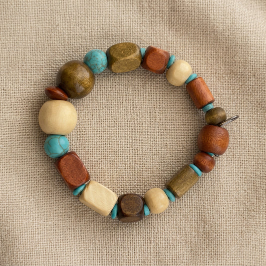 Sedona Wooden & Howlite Beaded Bracelet | Southwestern Tribal Boho Stackable Stretch Handmade Jewelry - Distinct Designs