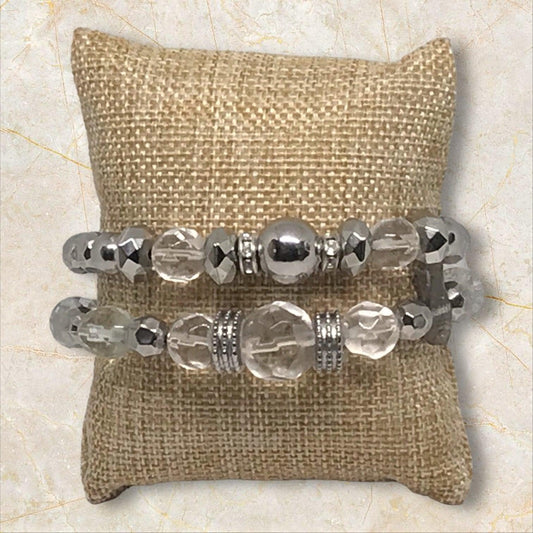 Silver Sand Stretch Bracelet Set - Sparkling Glass Beads - Distinct Designs