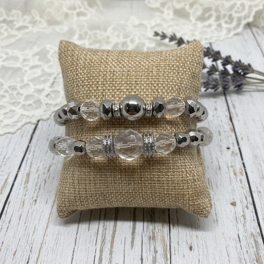 Silver Sand Stretch Bracelet Set - Sparkling Glass Beads - Distinct Designs