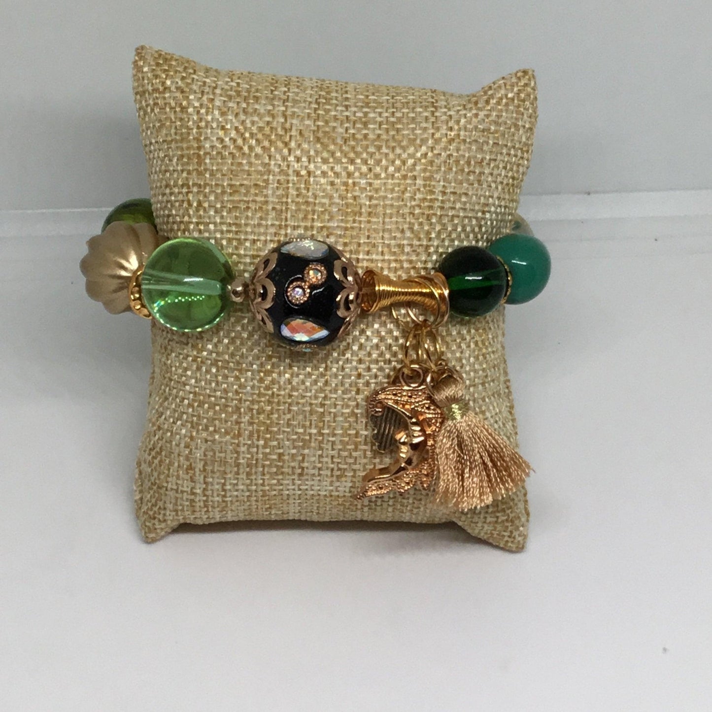 Unique Boho Chic Glass Stretch Bracelet - Green and Gold Elegance - Distinct Designs