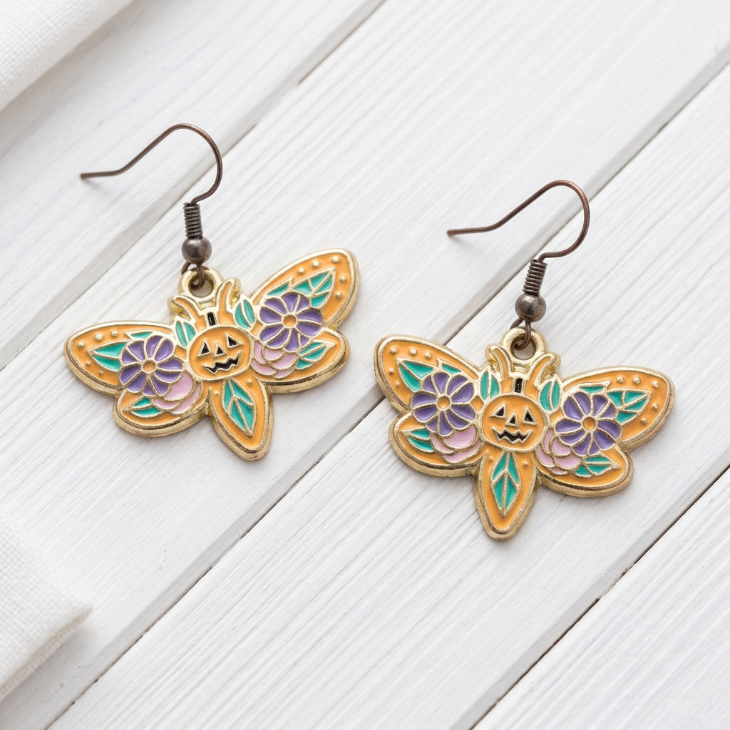 Pumpkin Flutter Halloween Butterfly Earrings | Boho Floral Jack O Lantern Dangles