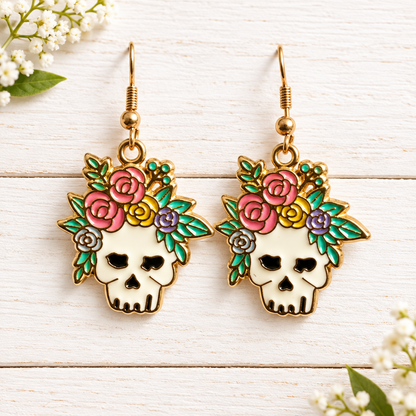 Floral Skull Earrings Colorful Gothic Flower Crown Dangle Halloween Jewelry