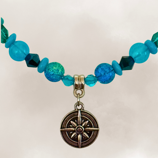 Compass Necklace | Blue Crystal Beaded Coastal Travel Necklace