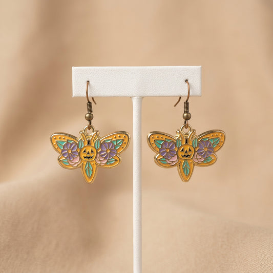 Pumpkin Flutter Halloween Butterfly Earrings | Boho Floral Jack O Lantern Dangles