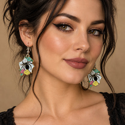 Spiderweb Garden Earrings: Colorful Floral Spider Dangle Whimsigoth Halloween Jewelry