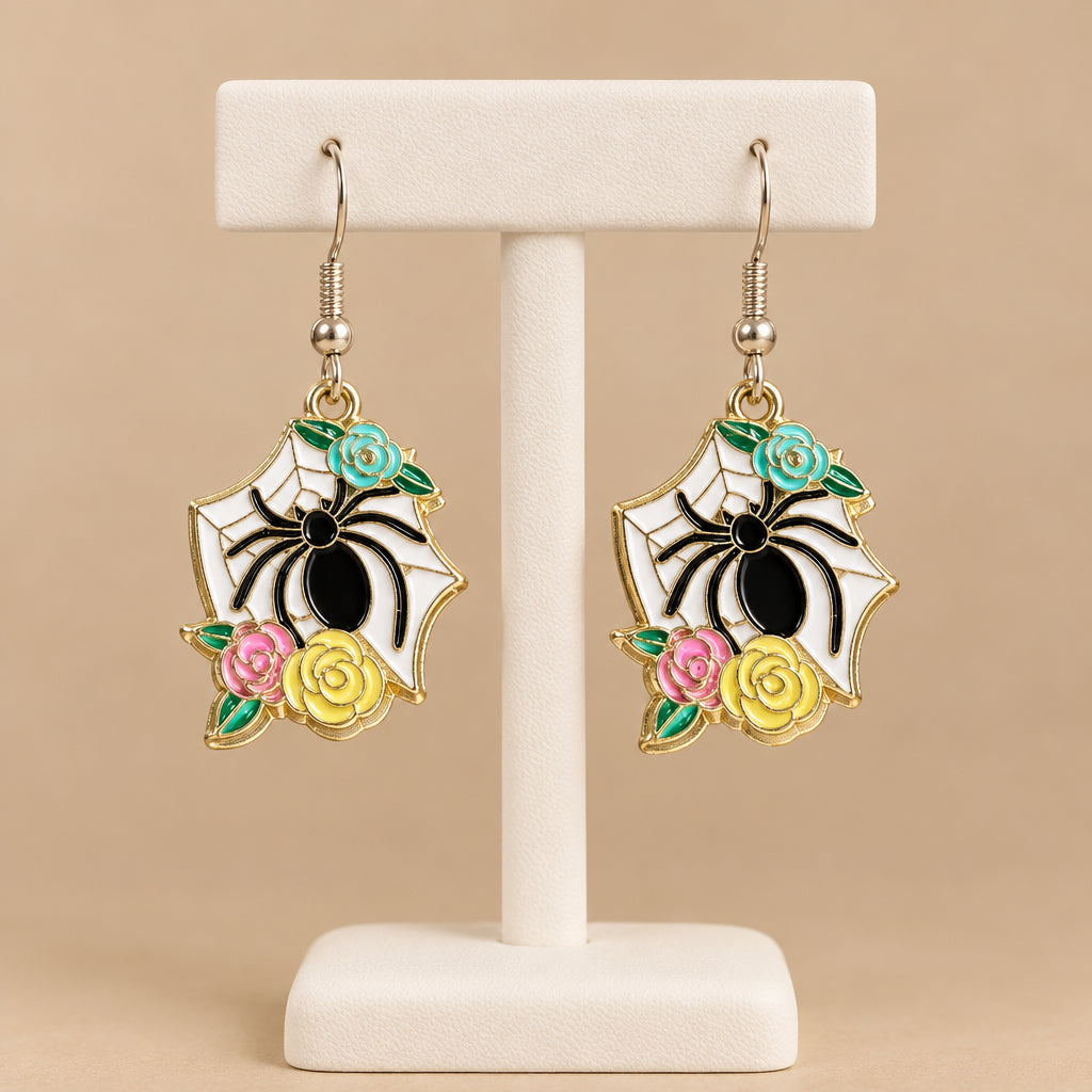 Spiderweb Garden Earrings: Colorful Floral Spider Dangle Whimsigoth Halloween Jewelry