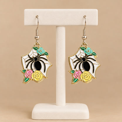 Spiderweb Garden Earrings: Colorful Floral Spider Dangle Whimsigoth Halloween Jewelry