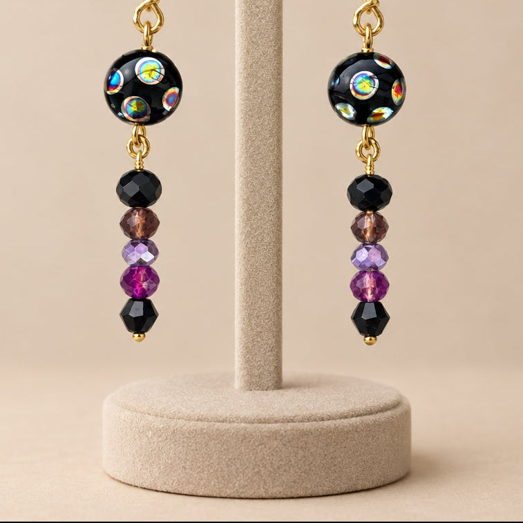 Meteor Shower Celestial Earrings Black Purple Crystal Glass Long Dangle Jewelry