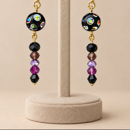Meteor Shower Celestial Earrings Black Purple Crystal Glass Long Dangle Jewelry