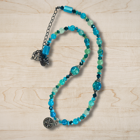 Compass Necklace | Blue Crystal Beaded Coastal Travel Necklace