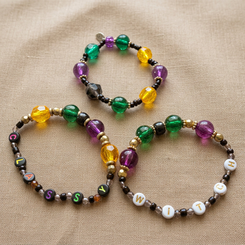 Classy Witch Handmade Halloween Bracelet Set 3-Piece Purple Green Beaded Stretch