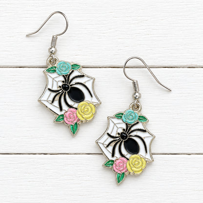 Spiderweb Garden Earrings: Colorful Floral Spider Dangle Whimsigoth Halloween Jewelry