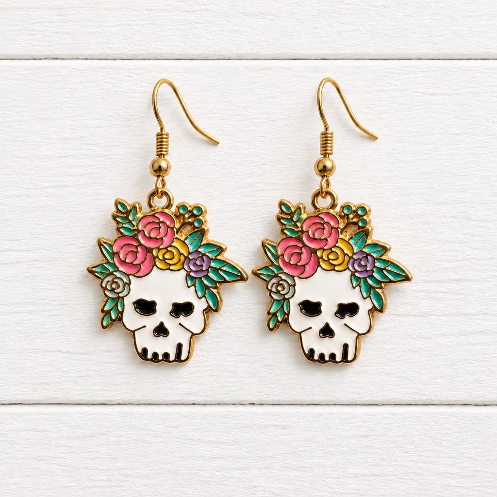 Floral Skull Earrings Colorful Gothic Flower Crown Dangle Halloween Jewelry