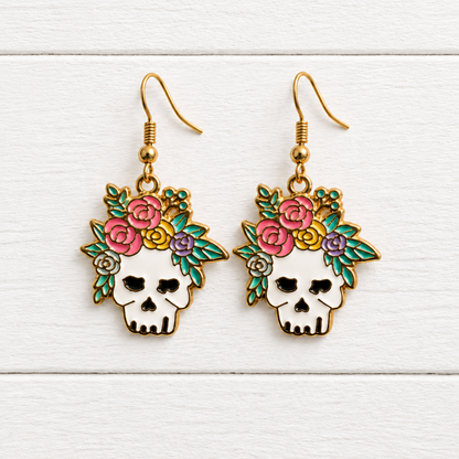 Floral Skull Earrings Colorful Gothic Flower Crown Dangle Halloween Jewelry