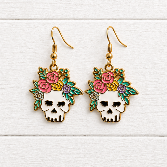Floral Skull Earrings Colorful Gothic Flower Crown Dangle Halloween Jewelry