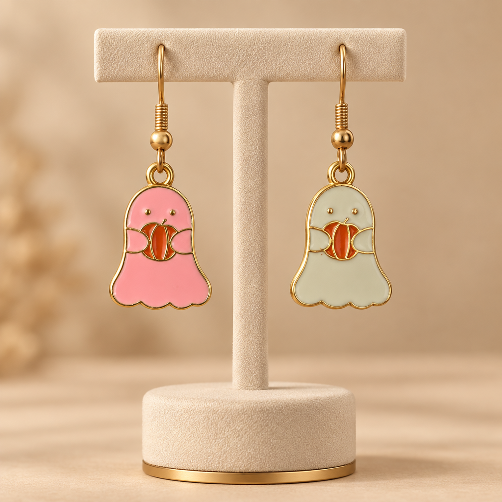 Friendly Ghosts Halloween Earrings Pink Cream Pumpkin Enamel Dangle Jewelry
