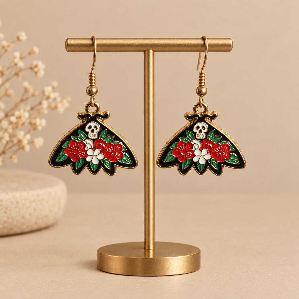 A pair of dangling butterfly-shaped earrings with red and white flowers, green leaves, skull motifs, and gold-tone hooks on an earring stand. 