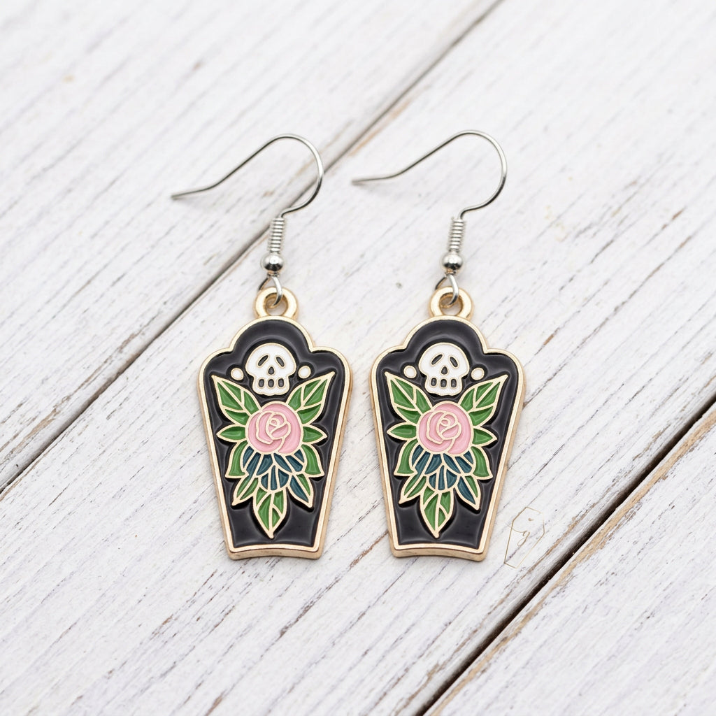 Roses from the Crypt Gothic Coffin Skull Rose Dangle Earrings Dark Floral Alt