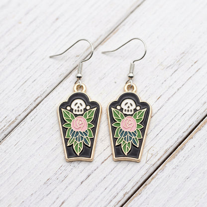 Roses from the Crypt Gothic Coffin Skull Rose Dangle Earrings Dark Floral Alt