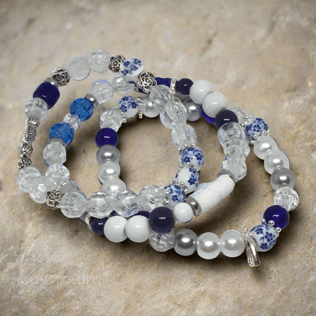 Dainty Denim | Unique Classic Blue & White Pearl Bracelet Set - Distinct Designs