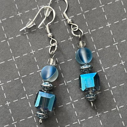 Handcrafted 925 Sterling Silver Sparkling Cerulean Blue Glass Dangles