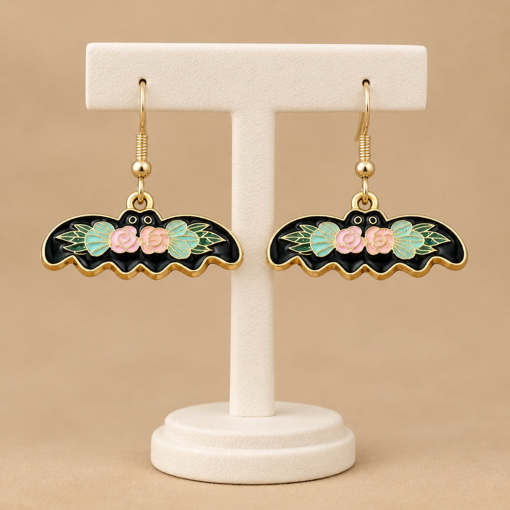 Midnight Bat Blooms Earrings Floral Bat Dangle Pastel Goth Whimsigoth Halloween Jewelry