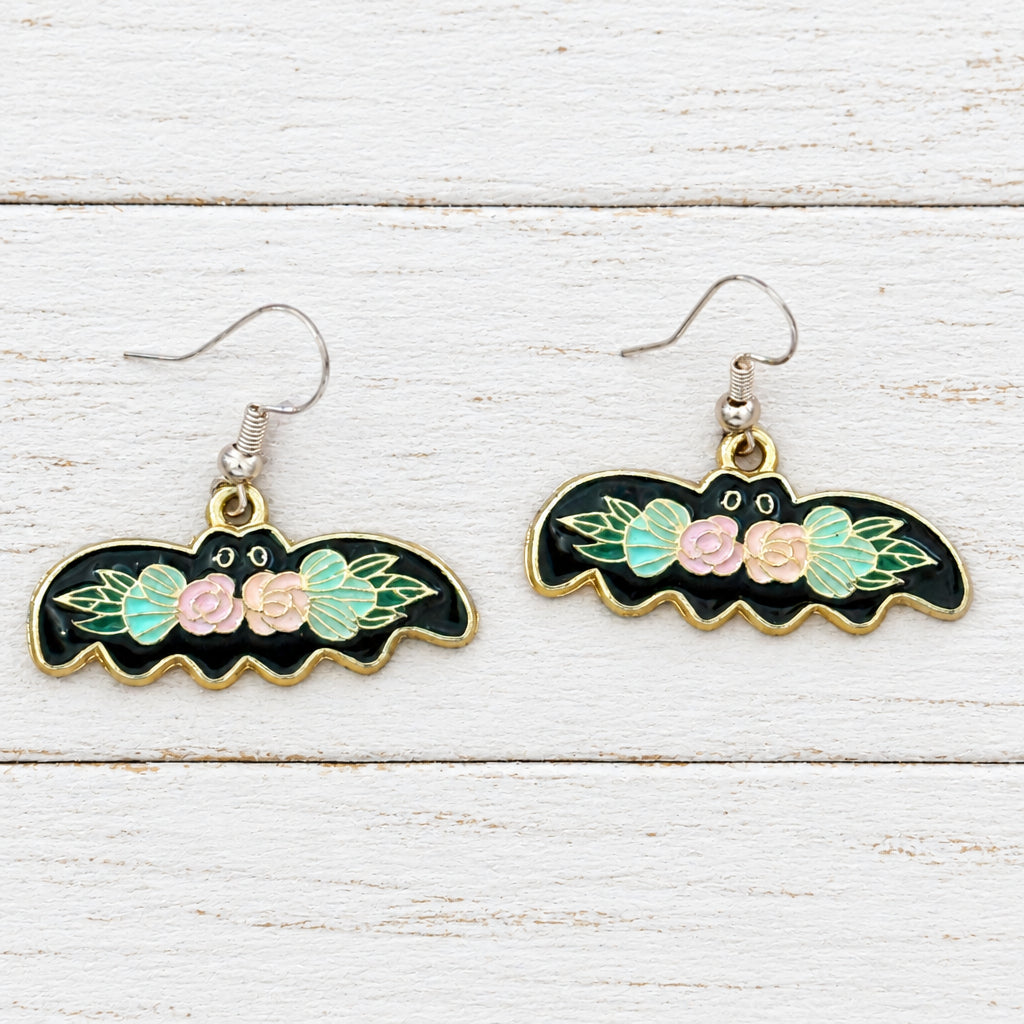 Midnight Bat Blooms Earrings Floral Bat Dangle Pastel Goth Whimsigoth Halloween Jewelry