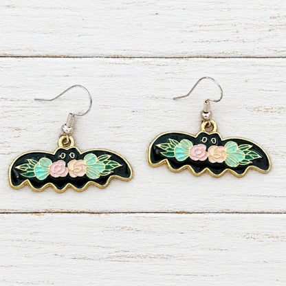 Midnight Bat Blooms Earrings Floral Bat Dangle Pastel Goth Whimsigoth Halloween Jewelry