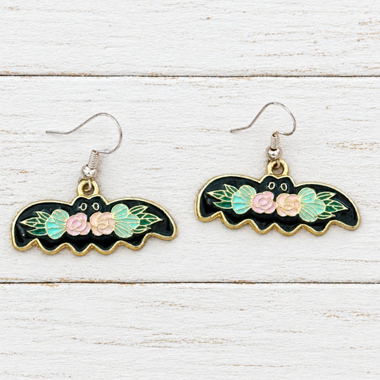 Midnight Bat Blooms Earrings Floral Bat Dangle Pastel Goth Whimsigoth Halloween Jewelry