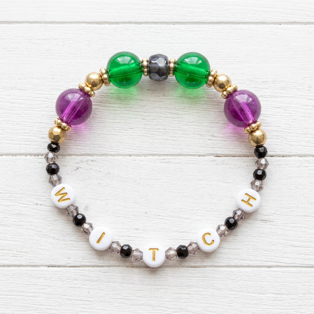 Classy Witch Handmade Halloween Bracelet Set 3-Piece Purple Green Beaded Stretch