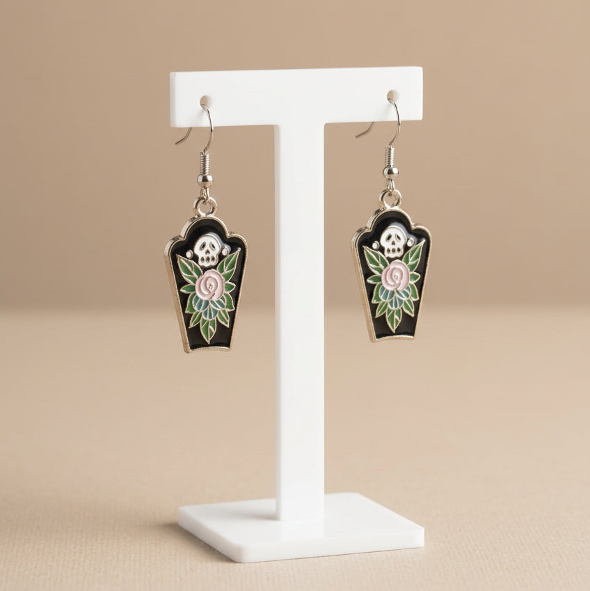 Roses from the Crypt Gothic Coffin Skull Rose Dangle Earrings Dark Floral Alt