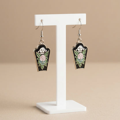 Roses from the Crypt Gothic Coffin Skull Rose Dangle Earrings Dark Floral Alt