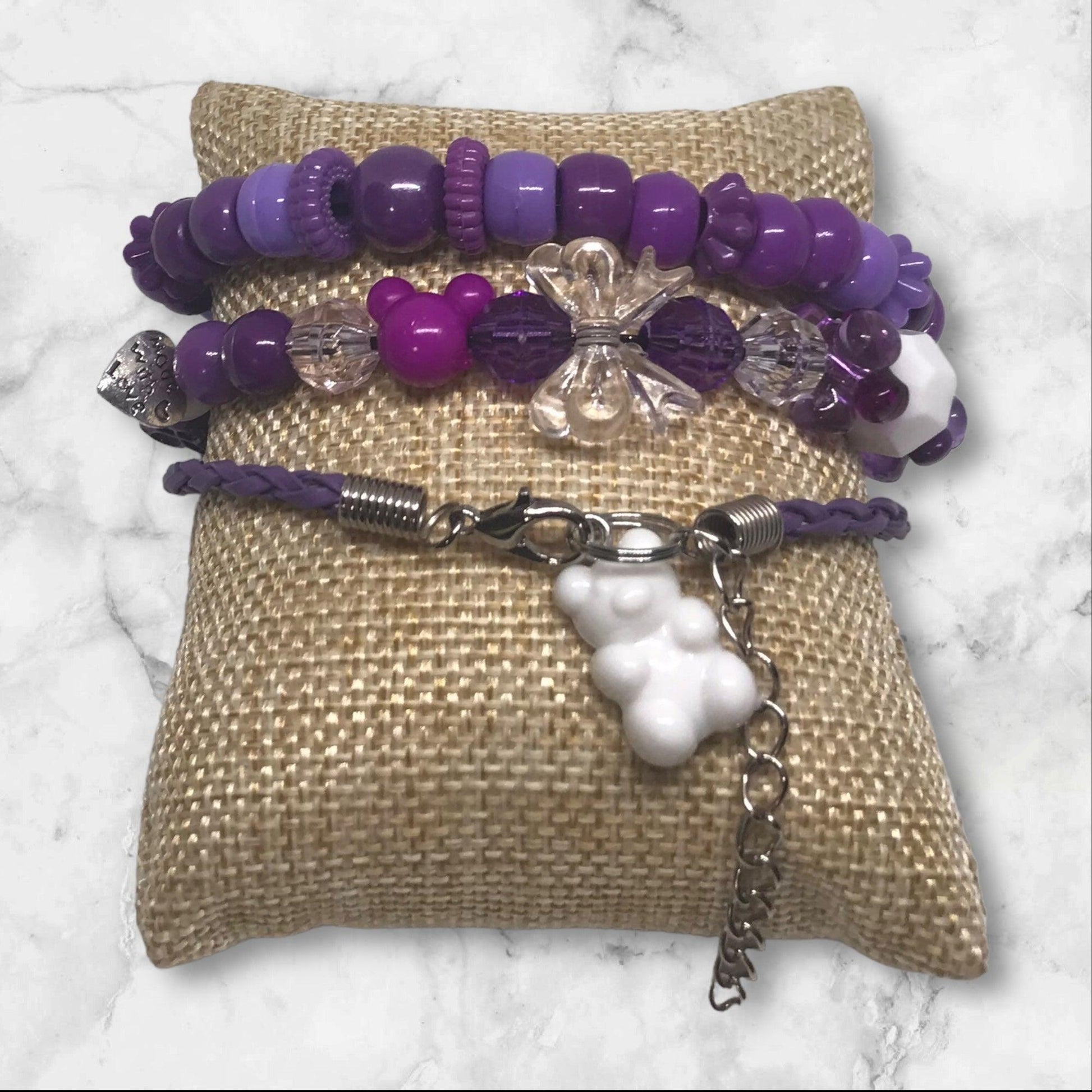 Grape Soda | Purple & White Stretch & Leather Bracelet Set - Distinct Designs