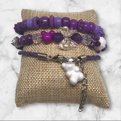 Grape Soda | Purple & White Stretch & Leather Bracelet Set - Distinct Designs