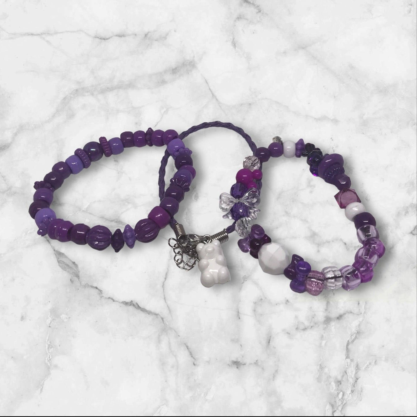 Grape Soda | Purple & White Stretch & Leather Bracelet Set - Distinct Designs