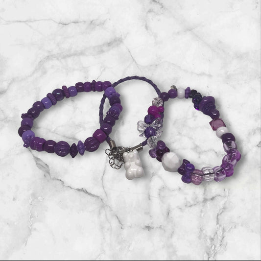 Grape Soda | Purple & White Stretch & Leather Bracelet Set - Distinct Designs