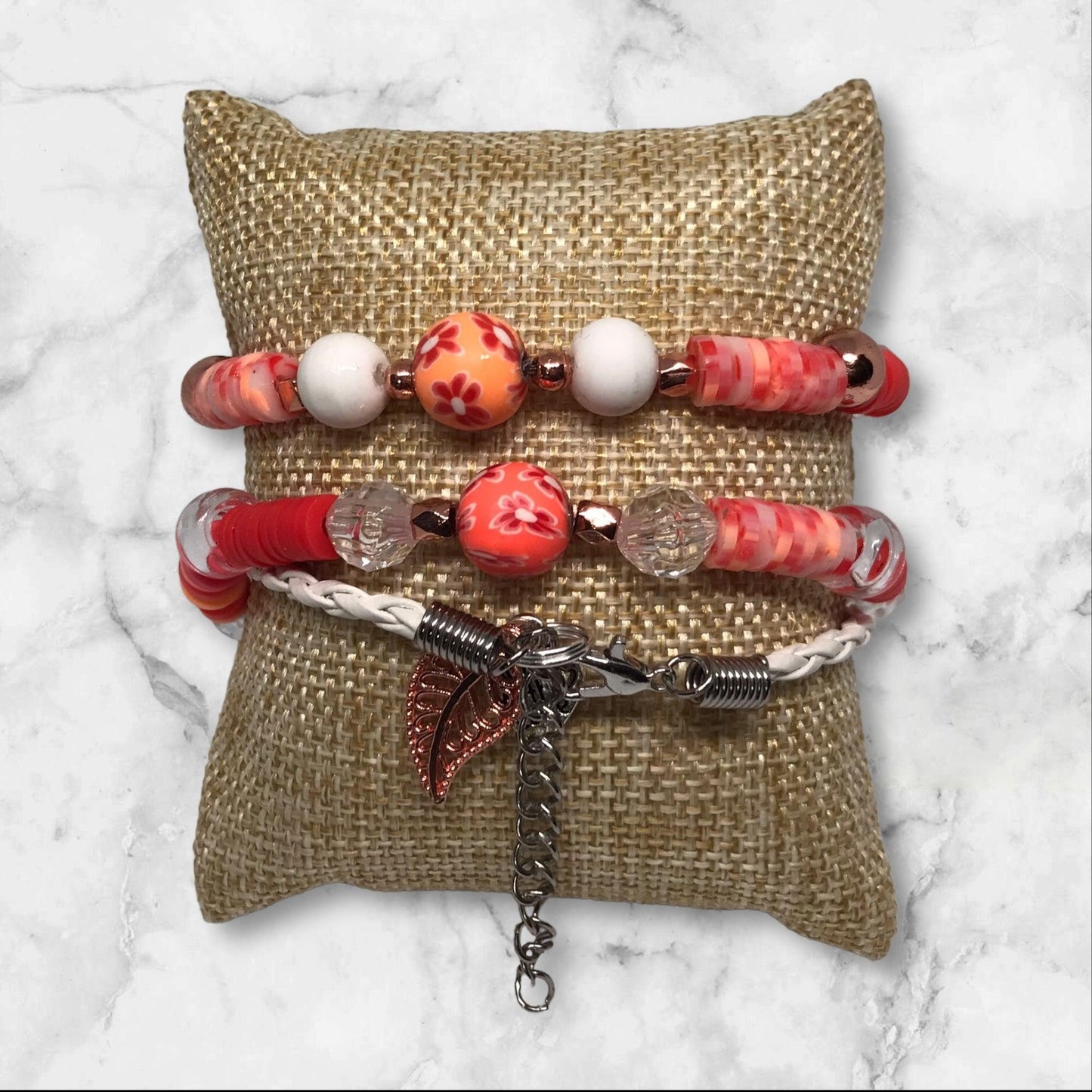 Bright Coral | Stretch Polymer Clay Heishi Bead Bracelet Stack - Distinct Designs