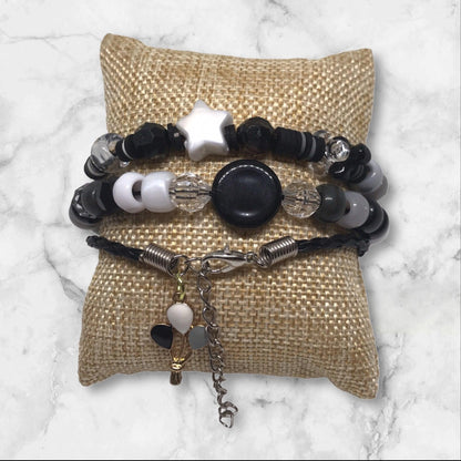 Grey Skies | Black, White, and Grey Stretch & Leather Bracelet Set - Distinct Designs