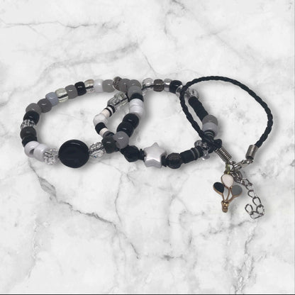Grey Skies | Black, White, and Grey Stretch & Leather Bracelet Set - Distinct Designs