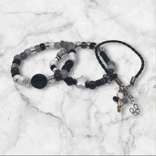 Grey Skies | Black, White, and Grey Stretch & Leather Bracelet Set