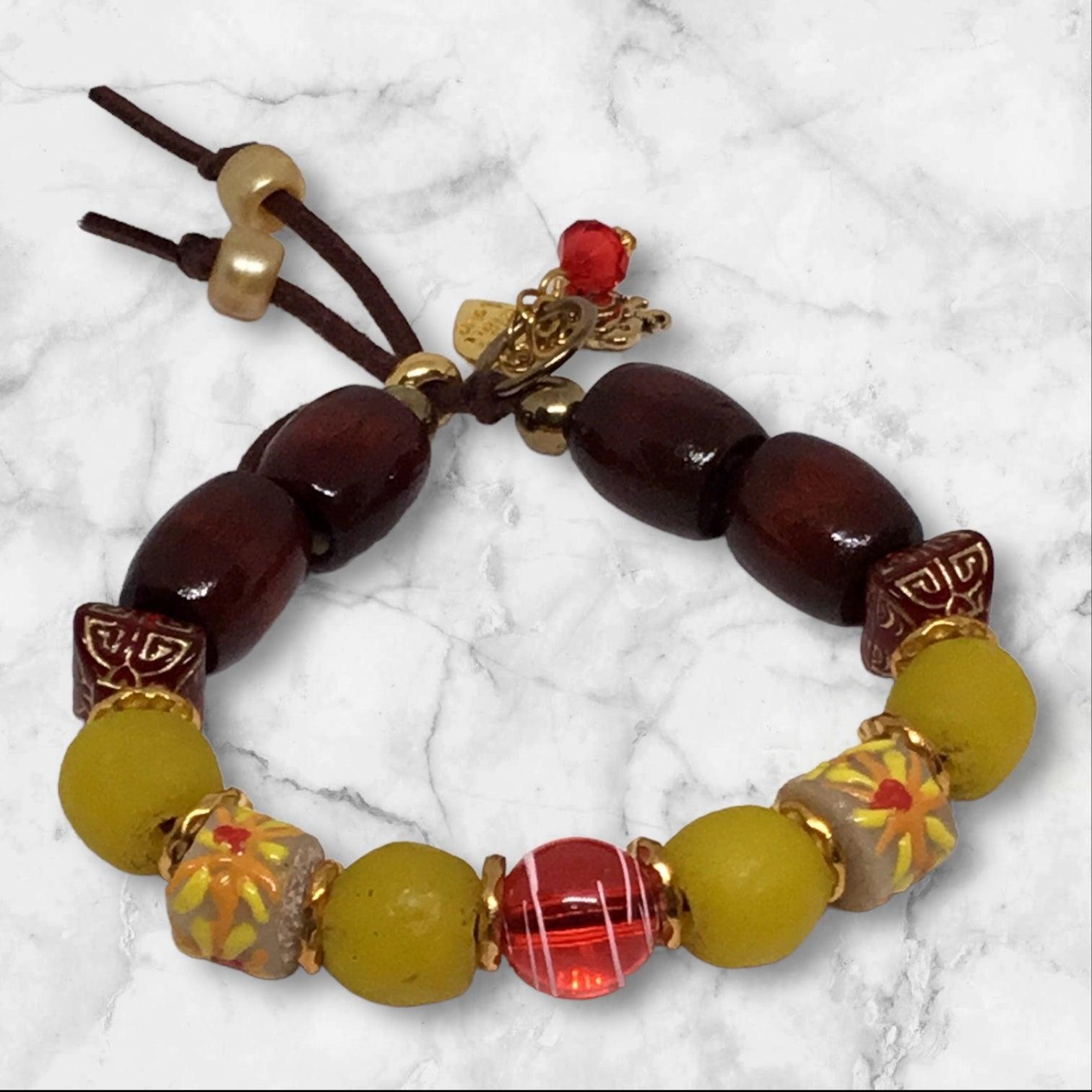 Cranberry | Recycled Glass Mixed Media Adjustable Boho Bracelet - Distinct Designs