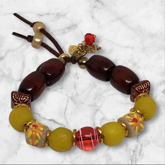 Cranberry | Recycled Glass Mixed Media Adjustable Boho Bracelet - Distinct Designs