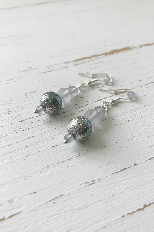 Dangled Beaded Iridescent Glass Beads Sterling & Stainless Steel Earrings