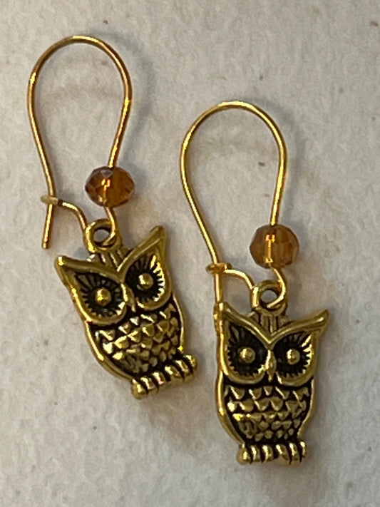 Earring With Owl Charms Dangle Gold Tone Hypoallergenic Ear Wires Amber Crystal