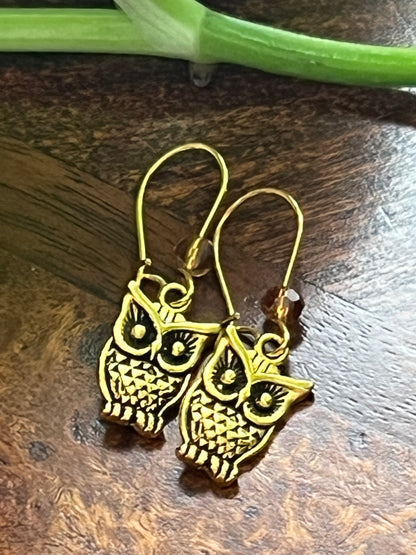 Golden Owl Earrings | Dangle With Crystal Beads