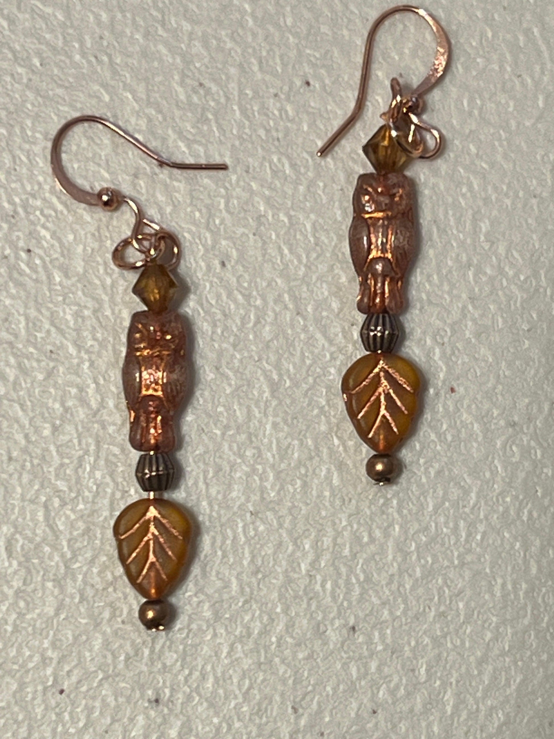 Copper Owl Earrings | Rose Gold Czech Glass - Distinct Designs
