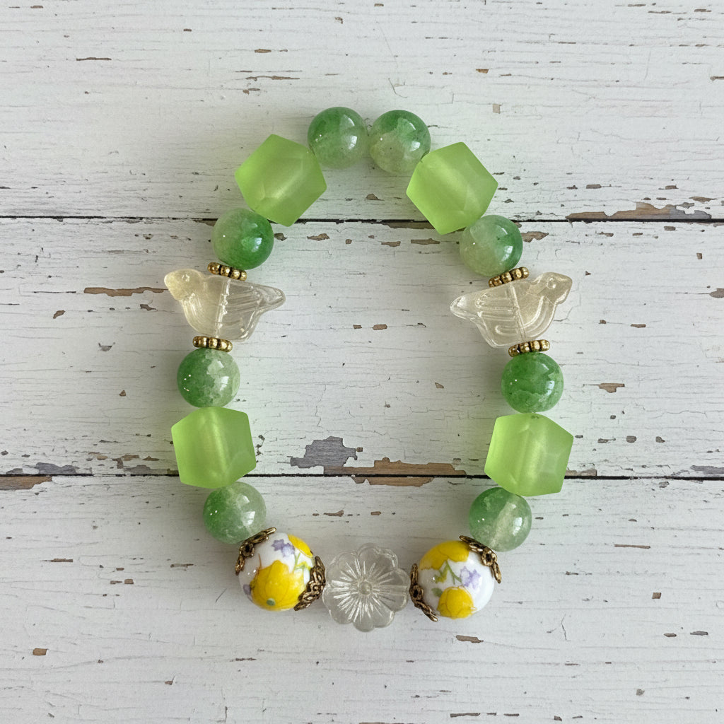Vintage-Inspired Whimsical | Green Floral Porcelain Beaded Stretch Bracelet