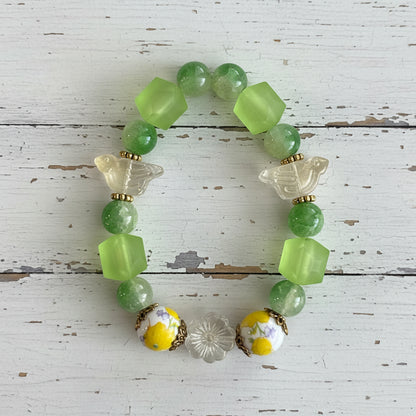 Vintage-Inspired Whimsical | Green Floral Porcelain Beaded Stretch Bracelet