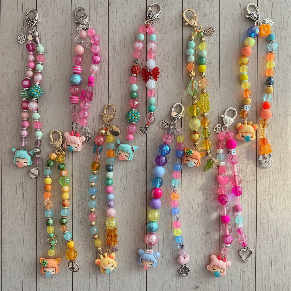 A collection of colorful beaded phone strap keychains with charms, laid out on a light-colored wooden surface.