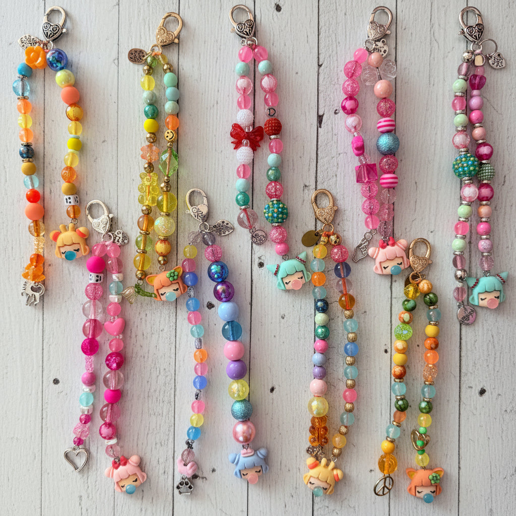 A collection of colorful beaded keychains with charms and lobster clasps, arranged on a light wood background.